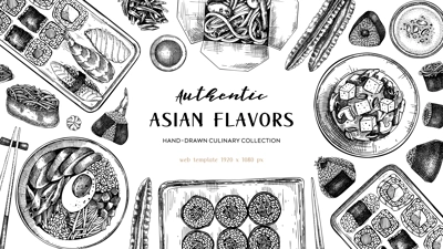 Asian food background. Japanese cuisine banner design. Hand-drawn vector illustrations in engraved style. NOT AI generated